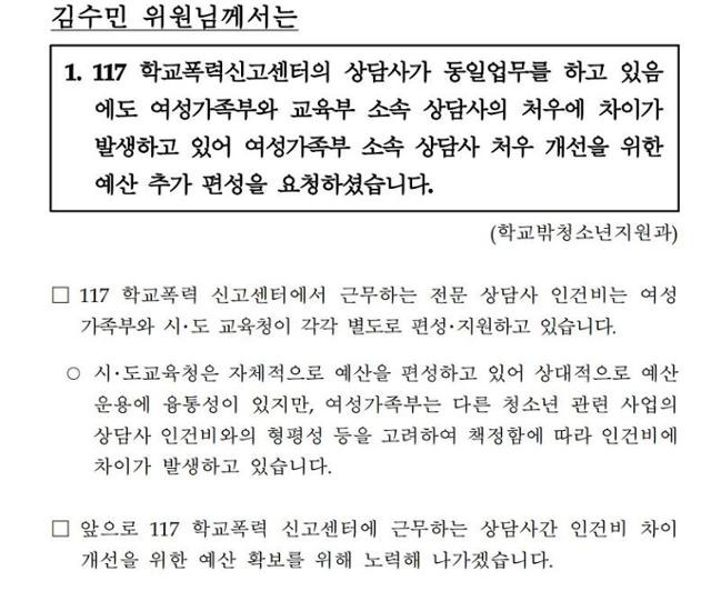 2019년 국회 국정감사 당시 여가부가 117센터 상담사에 대한 차별 대우에 대해 내놓은 답변.