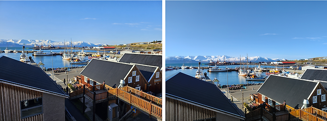 아이슬란드 북부 항구 도시 후시비크 전경. 갤럭시Z플립5(왼쪽)과 모토로라 레이저40 울트라(오른쪽)모두 선명한 사진을 담아냈다.ⓒ데일리안 남궁경 기자