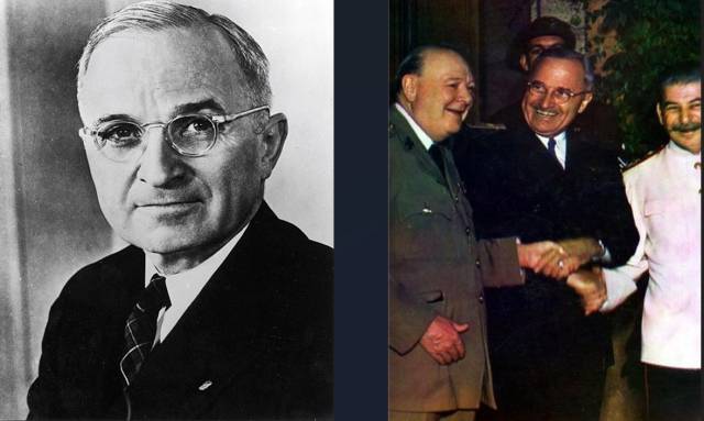 ▲ 원폭 투하 결정을 내린 해리 트루먼 미 대통령(왼쪽 사진). ⓒKheel Center. 1945년 7월 일본의 무조건 항복을 요구한 독일 포츠담회담에서 만난 연합국 지도자들, 왼쪽부터 윈스턴 처칠, 해리 트루먼, 이오시프 스탈린(오른쪽 사진)