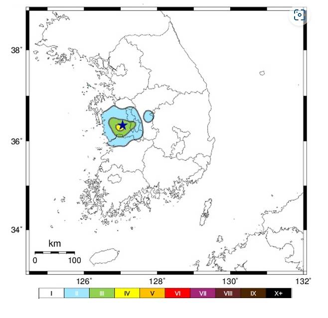 기상청은 25일 오후 9시46분30초에 충남 공주시 남남서쪽 12㎞ 지역에서 규모 3.4의 지진이 발생했다고 밝혔다. (기상청 갈무리) ⓒ 뉴스1