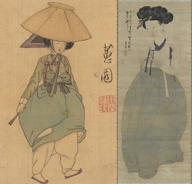 별감과 함께 조선의 패션피플이었던 기녀들의 옷차림새. ‘전모를 쓴 여인’은 마치 패션쇼의 ‘런웨이’를 걷고 있는 패션모델같다. 신윤복의 미인도는 조선의 모나리자라는 평을 듣고 있다.|간송미술문화재단·국립중앙박물관 소장