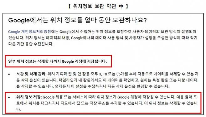 허은아 국민의힘 의원실이 확인한 위치정보 보관 약관 인용 자료. 허 의원실 제공