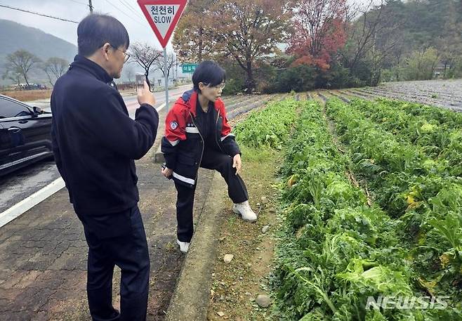 이혜옥 충북 단양부군수가 27일 우박 피해를 입은 가곡면 사평리 농가를 찾아 피해상황을 살펴보고 있다. 단양지역에는 전날 1㎝ 안팎의 우박이 쏟아지며 이날 오전 10시 기준 161농가 70㏊의 피해를 입었다. (사진=단양군 제공) 2023.10.27. photo@newsis.com *재판매 및 DB 금지