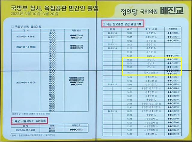 ▲ 27일 정의당 배진교 의원이 국회 국방위원회 국방부 국정감사에서 육군참모총장 및 서울사무소 민간인 출입기록을 공개했다. 노란색 네모 안에 '손님'이 방문했다는 사실이 적시돼 있다. 지난해 3월 14일은 월요일로, 평일 오후에 육군참모총장 손님이 공관에 출입한 것이 맞냐는 의구심이 제기된다. ⓒ국회방송 갈무리