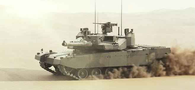 현대로템이 고려하는 K-2 전차 성능개량형이 사막을 질주하는 모습을 담은 상상도. 현대로템 제공