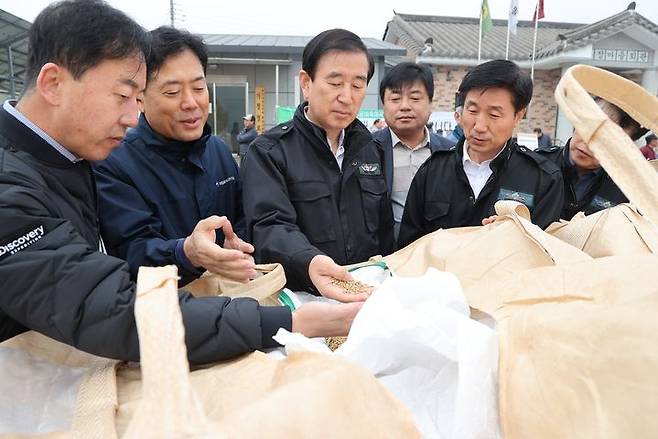 공공비축미 수매 현장 점검하는 조길형 충북 충주시장. *재판매 및 DB 금지