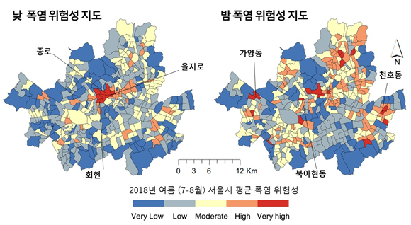 이번 연구에서 제작한 2018년 여름철 서울시 행정동별 낮과 밤의 폭염 위험성 지도. 연구에서 제시한 폭염위험성 평가 프레임을 이용해 2018년 7-8월의 일별 위험성 지도를 제작하고, 이를 평균 낸 자료다. 낮의 경우 오후 3시를 기준으로 했으며, 밤의 경우 새벽 6시가 기준이 된다. 이 시간은 최고온도 및 최저온도가 주로 나타나는 시간대이다. 위험성은 5가지 등급으로 분류되었으며 낮과 밤의 서울시 폭염 위험 지역들이 명확하게 구분되는 것을 확인 할 수 있다. 유니스트