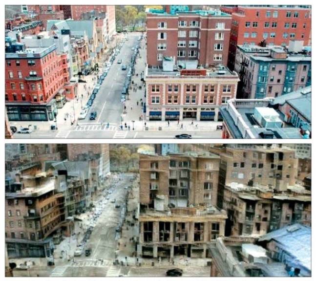 매사추세츠공과대(MIT) 미디어랩 연구원들이 인공지능(AI) 시스템을 통해 실제 전쟁 상황을 학습시켜 세계 주요 도시에 폭격이 가해진 ‘이미지’를 생성했다. 사진은 평화로운 보스턴 백베이 인근 시가지(위쪽)가 딥페이크 모델을 통해 폭격으로 쑥대밭이 된 모습으로 변했다. 최근 생성형 AI 기술이 발달하면서 이미지뿐만 아니라 영상으로도 이 같은 조작이 가능해졌다. 식별하기 어려운 딥페이크가 국가 안보에 큰 위협이 될 수 있다는 점에서 경각심을 가져야 한다는 목소리가 높다. MIT 미디어랩