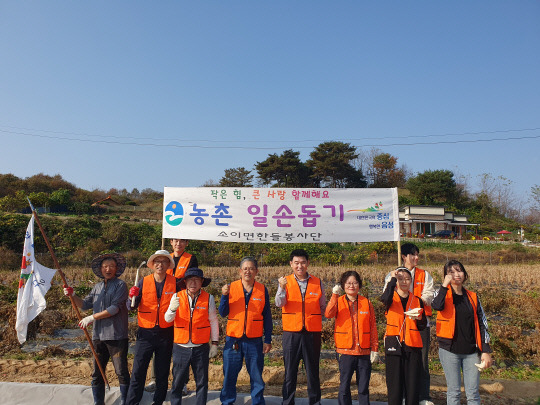 음성군 소이면(면장 염규화) 직원 10명은 지난 3일 소이면 충도리 일원에서 콩 베기 작업을 실시하고 기념 촬영을 하고 있다. 사진=음성군 제공