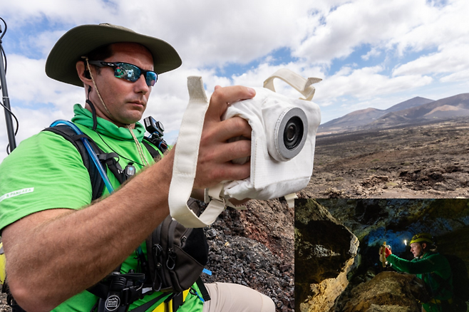 2025년 달에 착륙할 아르테미스 3호 우주비행사들을 위한 신형 카메라를 유럽우주국(ESA) 연구진이 스페인 란사로테섬에서 시험하고 있다. 어두운 달 남극 환경과 유사한 용암 동굴 안에서 집중적인 점검을 진행 중이다.(우측 하단 작은 사진)  ESA 제공