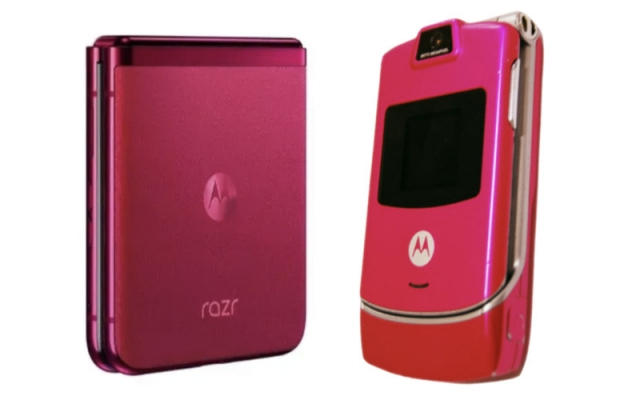 모토로라의 폴더블폰 신작 ‘레이저40 울트라’(왼쪽)와 과거 초슬림폰 ‘핑크레이저’(Pink RAZR).