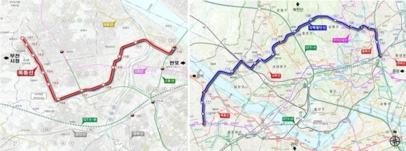 서울 양천구를 지나는 목동선(왼쪽)과 강북횡단선 예상 노선도. 2023.11.7 양천구 제공