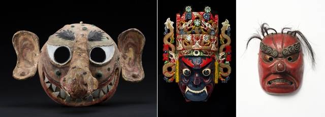 (왼쪽부터)한국 가면 ‘말뚝이’, 중국 가면 ‘연개소문’, 일본 가면 ‘덴구’(일본 국립역사민속박물관 소장). 국립민속박물관 제공