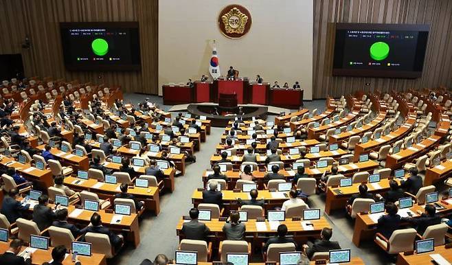 9일 오후 서울 여의도 국회에서 열린 제410회 국회(정기회) 제11차 본회의에서 노동조합 및 노동관계조정법 일부개정법률안(대안)이 재적 298인, 재석 174인, 찬성 173인, 반대 0인, 기권 1인으로 가결되고 있다. ⓒ뉴시스