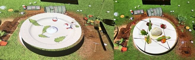 ‘르 쁘띠 셰프’의 영상(왼쪽 사진)과 상영 이후 실제로 서빙된 요리(오른쪽 사진).