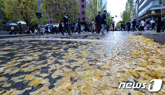 비가 내린 6일 오후 서울 여의도에서 직장인들이 점심식사를 위해 이동하고 있다. 2023.11.6/뉴스1 ⓒ News1 박지혜 기자