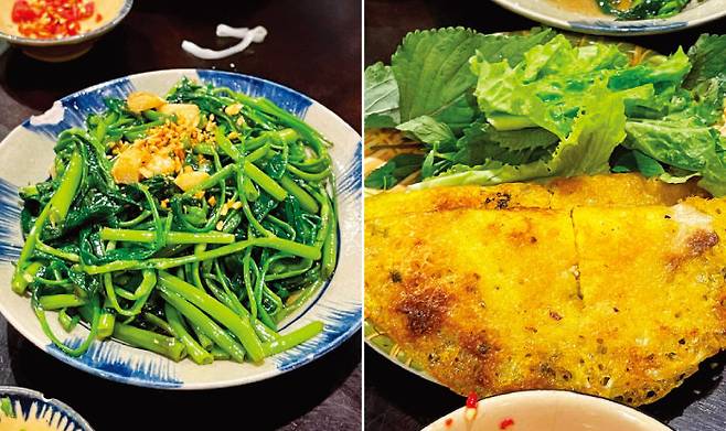 냐짱 대부분의 식당에서 먹을 수 있는 모닝글로리 볶음(왼쪽). 베트남식 부침개 반쎄오.