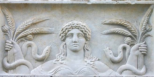 아편의 원료인 양귀비를 양손에 들고 있는 데메테르 여신의 모습.&nbsp;히포크라테스 제공