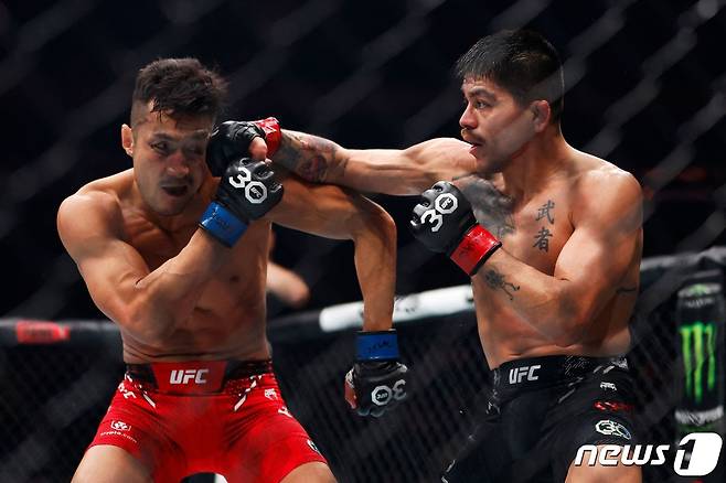 강경호(왼쪽)가 12일(한국시간) UFC 295에서 존 카스타네다와 경기하고 있다. ⓒ AFP=뉴스1