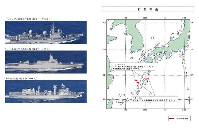 중국 해군 대형구축함 난창호(왼쪽 가운데) 등 중국 함정 3척이 미 칼빈슨호 항모전단 견제를 위해 10월29일 일본 가고시마현 서부 해상을 거쳐 서태평양으로 가는 모습과 경로(오른쪽 붉은 색 표시)를 담은 일본 방위성의 발표 자료. /일본 방위성