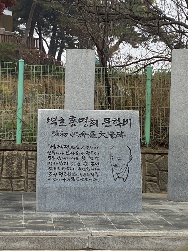 충북 괴산군 제월대에 세워진 홍명희 문학비. 사진 백창화