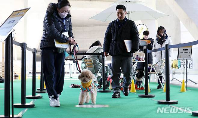 [서울=뉴시스] 홍효식 기자 = 12일 서울 중구 동대문디자인플라자에서 열린 '2023 반려인 능력시험'에서 반려인과 반려견이 실기시험을 응시하고 있다. 2023.11.12. yesphoto@newsis.com