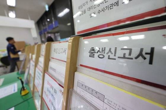 지난달 25일서울의 한 구청 민원실에 출생신고서가 비치돼 있다.   연합뉴스