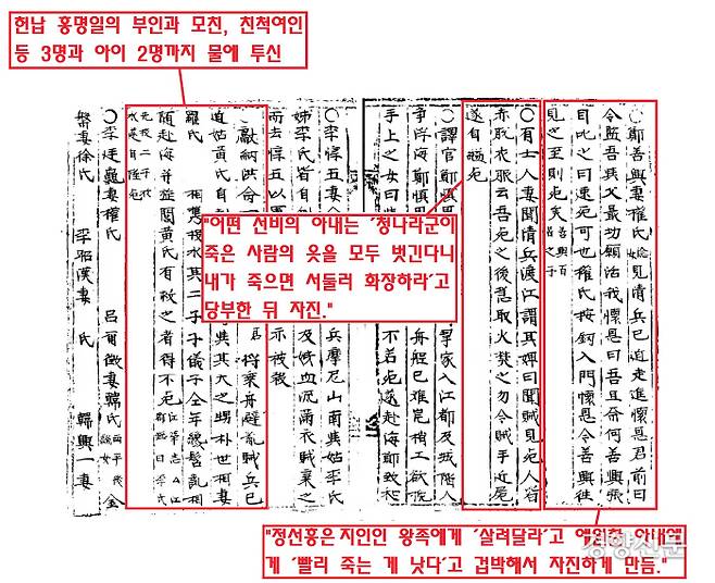 정선흥의 아내인 권씨는 친정아버지의 지인인 왕족에게 “살려달라”고 했다. 그러나 그 모습을 본 남편은 권씨에게 “빨리 죽으라”고 다그쳤고, 부인은 자진하고 말았다. 배를 탔던 헌납 홍명일의 부인과 어머니, 친척여인 3명은 적병이 엄습하자 어린 자식과 함께 서로 껴안고 물에 빠졌다. 어떤 선비의 아내는 “청나라군이 죽은 사람의 옷을 모두 벗긴다니 내가 죽으면 서둘러 화장하라”고 당부한 뒤 자진했다.