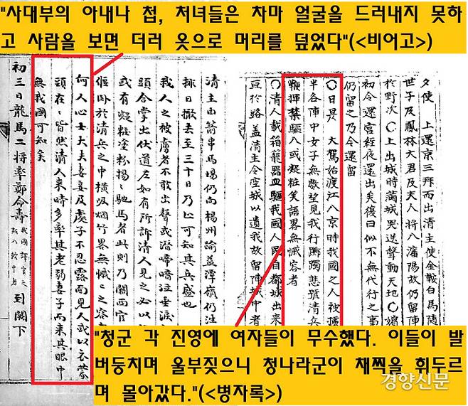 <병자록> 등 문헌자료는 “철수하는 청군 각 진영에 여자들이 무수했다. 이들이 발버둥치며 울부짖으니 청나라군이 채찍을 휘두르며 몰아갔다.”고 전했다. <비어고>는 “사대부의 아내나 첩, 처녀들은 차마 얼굴을 드러내지 못하고 사람을 보면 더러 옷으로 머리를 덮었다”고 했다.|규장각한국학연구원 제공