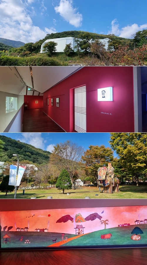 (위로부터)‘호작도’를 모티브로 설계한 장욱진미술관과 내부, 조각공원의 돈키호테, 그의 다큐멘터리를 볼 수 있는 영상실