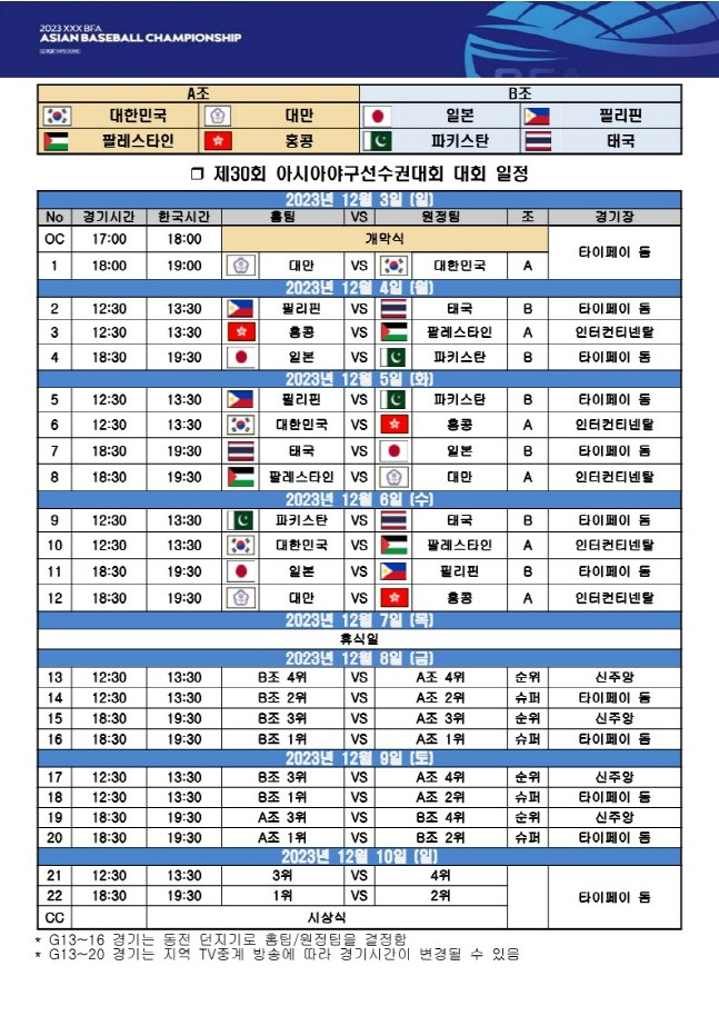 아시아야구선수권 일정. /사진=대한야구소프트볼협회