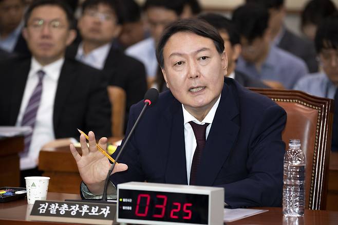 2019년 7월 검찰총장 인사청문회에서 윤석열 후보자가 질의에 답하고 있다. ⓒ시사IN 조남진