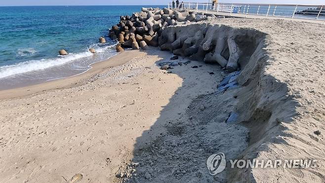 경포해변의 해안침식…드러난 테트라포드 [연합뉴스 자료사진]