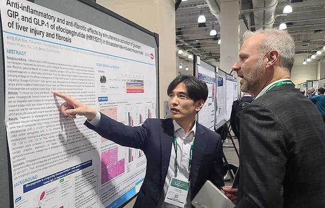 한미약품 R&D센터 김정국 연구원(왼쪽)이 11일(현지시각) 미국 보스턴에서 열린 미국간학회 국제학술대회(AASLD)에서 MASH 치료 혁신신약으로 개발 중인 에포시페그트루타이드(LAPSTriple agonist)의 간 섬유화 개선 효능에 대해 설명하고 있다. ⓒ한미약품