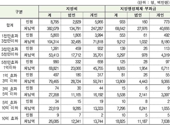 체납규모별 지방세 체납 현황.행정안전부 제공