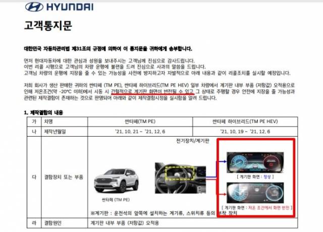 계기판 뒤집힘 현상이 발생해 리콜을 실시한 현대자동차의 과거 고개통지문.