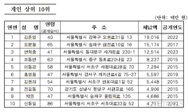 명단공개 대상 개인 상위 10위 명단. / 사진 제공 = 서울시