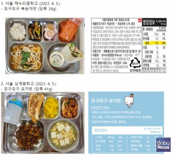서울 해누리중학교와 상계중학교에 나온 간식류 모구모구에는 한 끼 기준치 이상의 당류가 함유돼있다. ⓒ정치하는엄마들