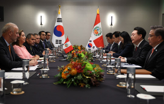 아시아태평양경제협력체(APEC) 정상회의 참석차 미국을 방문한 윤석열 대통령이 16일(현지시간) 샌프란시스코 한 호텔에서 열린 디나 볼루아르테 페루 대통령과의 한·페루 정상회담에서 발언하고 있다. (사진=연합뉴스)