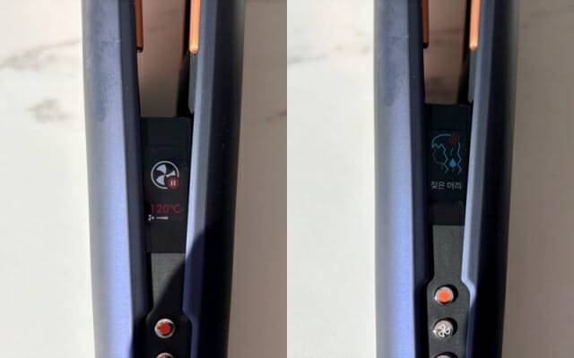 다이슨'에어스트레이트 스트레이트너' 건조된 모발  120°C 모드(좌측), 젖은 모발 모드(우측) (사진=지디넷코리아)