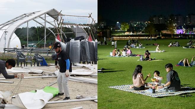 왼쪽 사진은 전북 부안군 '2023 새만금 세계스카우트 잼버리' 행사장에서 천막과 임시 설치물이 철거되는 모습. 이 부지는 갯벌을 졸속 매립해 농지로 용도 변경한 바람에 야영지로 적합하지 않았고, 잼버리 파행 운영 후 용처도 정해지지 않았다. 오른쪽 사진은 순천시가 '2023 순천만국제정원박람회'를 위해 저류지에 조성한 넓은 잔디 광장. 무료로 개방돼 시민들이 언제든 찾아가 휴식을 취하는 공간으로 각광받고 있다./연합뉴스·순천시