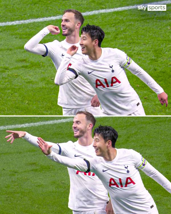 제임스 매디슨과 함께 골 세리머니를 하고 있는 손흥민. 사진=스카이스포츠