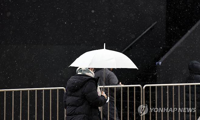 서울에 내리는 올가을 첫눈 (서울=연합뉴스) 김인철 기자 = 찬바람에 영하권 추위를 보이는 17일 서울 종로구 광화문광장에 눈이 내리고 있다. 2023.11.17 yatoya@yna.co.kr