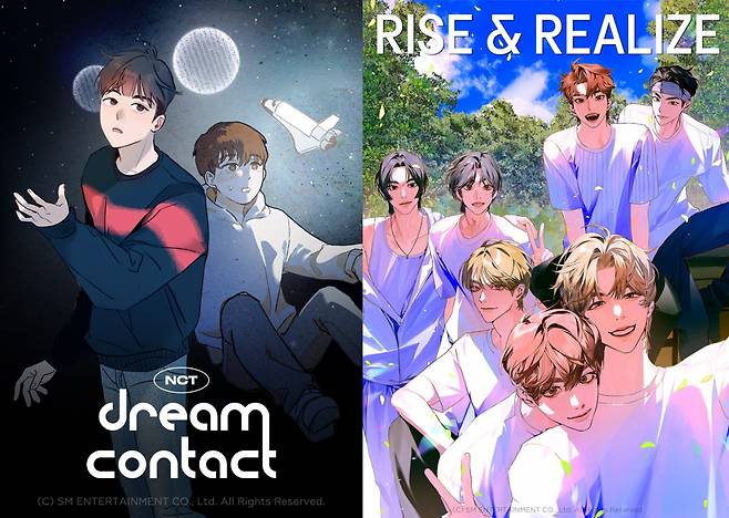카카오와 SM엔터테인먼트는 스토리 IP 협업을 통해 NCT 웹툰인 ‘NCT: 드림 콘택트’(NCT: Dream Contact)와 라이즈의 성장기를 그린 웹소설 ‘라이즈 앤 리얼라이즈’(Rise & Realize)를 선보였다. [카카오 제공]