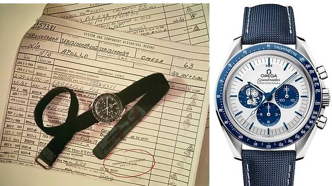 오메가 스피드마스터가 NASA의 모든 테스트를 통과한 후 작성된 보고서. 우측은 오메가 스피드마스터 '실버 스누피 어워즈 에디션 2020'.