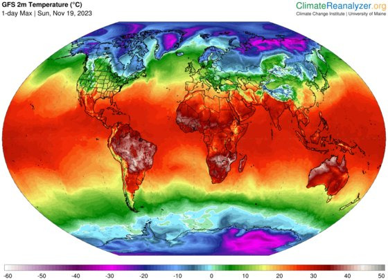 19일 전지구 최고기온 분포. climatereanalyzer.com 제공