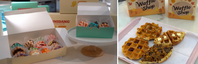 (좌)온니당 마카롱 (우)와플샵 호두 비스킷 크로플(가을 시즌 메뉴), 크림치즈 크로플, 딸기 와플, 아몬드 와플 / 사진=김규란 여행+PD