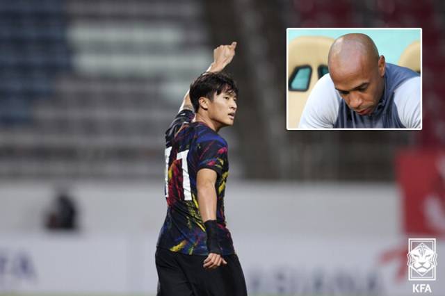 정상빈과 앙리(작은 네모) 감독. /대한축구협회 제공, 게티이미지코리아