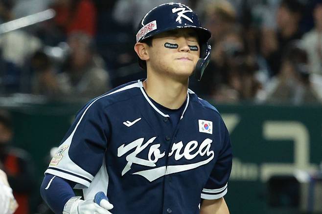 아시아프로야구챔피언십(APBC) 2023에 나선 김도영이 아쉬워하고 있다. 연합뉴스