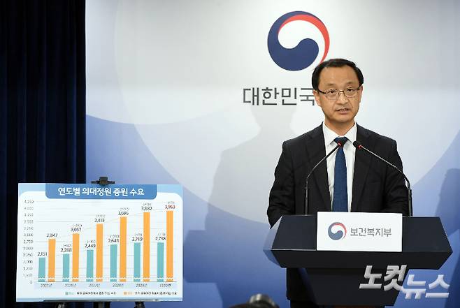 보건복지부 전병왕 보건의료정책실장이 21일 오후 정부서울청사에서 전국 의대 입학정원 확대 수요조사 결과를 발표하고 있다. 황진환 기자